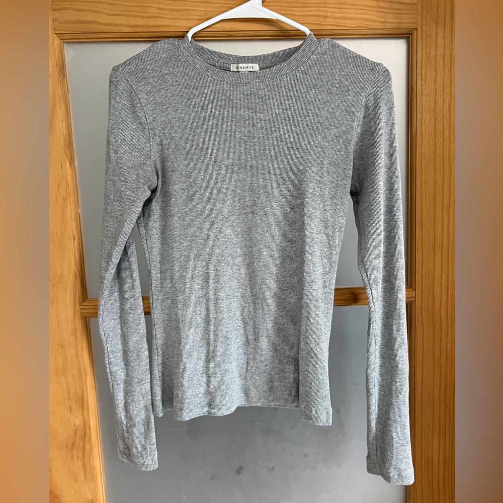 (5/$10) Dynamite Organic Cotton Blend Fitted Long Sleeve Tee - Grey Melange - M